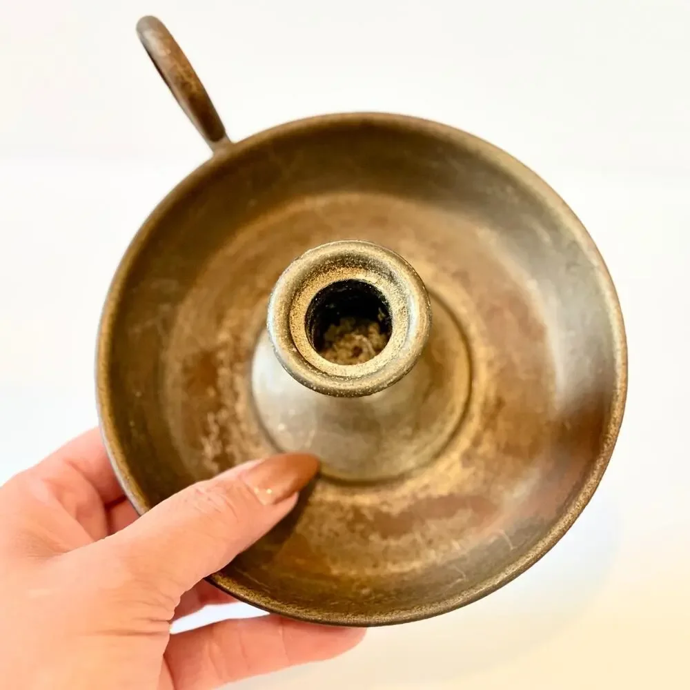 Chamberstick Candle Holder Brass Finger Loop Saucer 6in Vintage Primitive